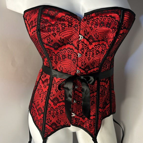 ADORE ME Scarlett Burlesque Strapless Red|Black Satin Lace Up Corset & Garters - Picture 7 of 15